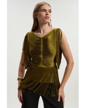 Karen Millen Draped Fringe Knitted Top - Green