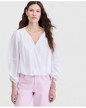 On 34th Cotton Solid Tie-front Volume-sleeve Blouse - Purple