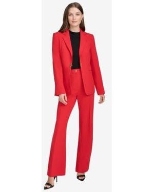 Halston Logo Clasp Notch Lapel Blazer Straight Leg Pants - Red