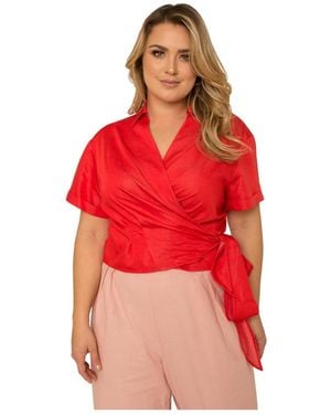 Standards & Practices Plus Size Short Sleeve Tie Waist Wrap Blouse - Red