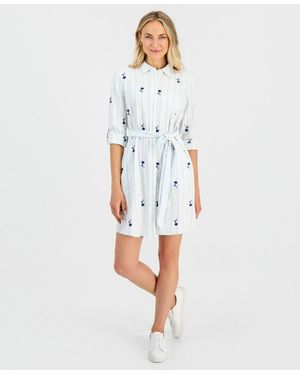 Style & Co. Printed Roll-sleeve Shirtdress - White