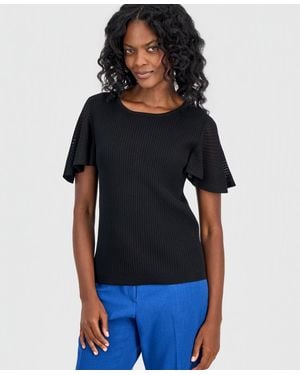Kasper Petite Crewneck Flutter-sleeve Sweater - Blue