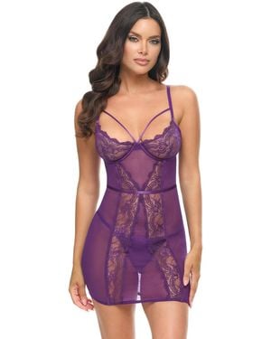 Oh La La Cheri Denise Sheer Lace Babydoll Dress - Purple