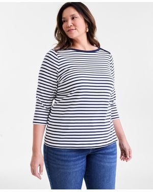 Style & Co. Plus Size Cotton Printed 3/4-sleeve Top - Blue