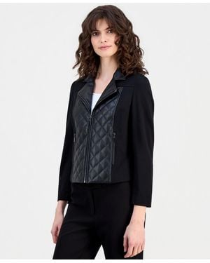 Anne Klein Essentials Petite Quilted-front Moto Jacket - Black