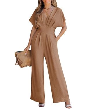 CUPSHE V-neck Short Sleeve Straight Leg Jumpsuit - Brown