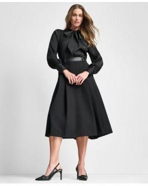 DKNY Front Button Long Sleeve Blouse Pleated Midi Skirt - Black