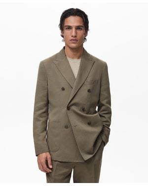 Mango Linen Slim-fit Double-breasted Suit Blazer - Brown