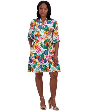 Jessica Howard Petite Floral Balloon-sleeve Split-neck Dress - Red