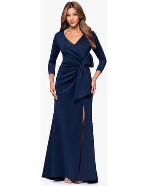 Xscape V-neck Waist Side Bow Long Dress - Blue
