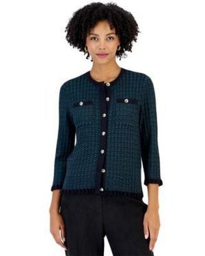 Kasper Two Tone Stitch Crew Neck 3 4 Sleeve Cardigan - Blue