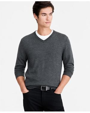 Alfani Merino Wool V-neck Sweater - Gray