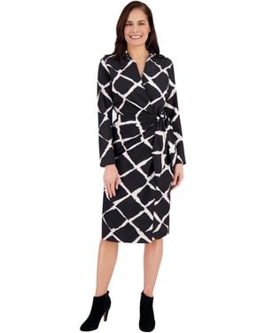 London Times Collar Printed Side Tie Midi Dress - Black