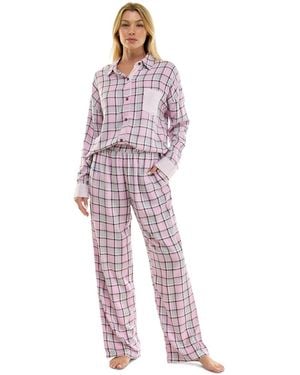 Roudelain Flannel Collared Long-sleeve Shirt And Pant Pajama Set