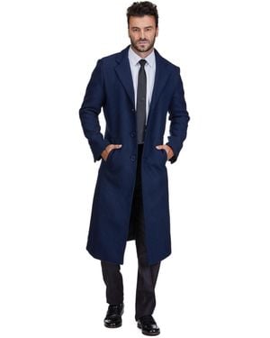 Braveman Knee Length Wool Blend Three Button Long Jacket Overcoat Top Coat - Blue