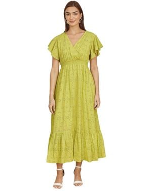Yumi' Cotton Broderie Anglaise Wrap Midi Dress - Yellow