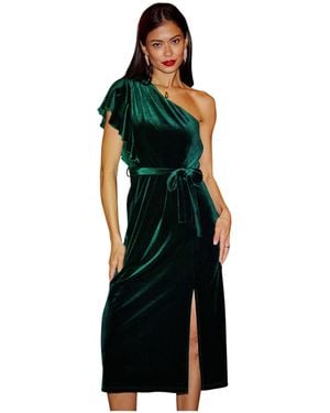 Yumi' Velvet Frill One Shoulder Midi Dress - Black