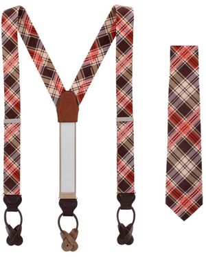 Trafalgar Fall Festival Plaid Wool Blend Button End Suspenders And Necktie Set - White
