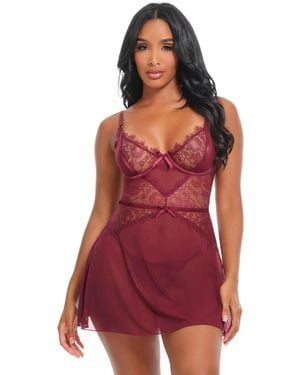 Oh La La Cheri Margot Sheer Lace Babydoll Set - Red