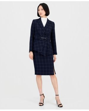 Tahari Windowpane-print Skirt Suit Set - Blue