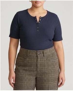 UNIVERSAL STANDARD Plus Size Henley Short Sleeve Ribbed Tee - Blue