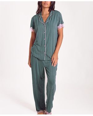 iCollection Floral Bamboo Stretch-knit Short Sleeve Pajama Set - Blue