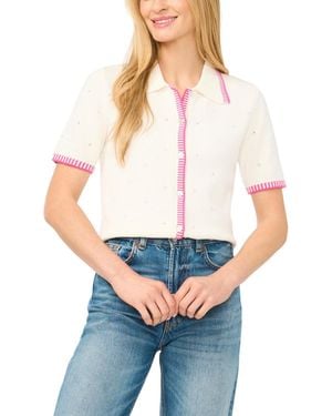 Cece Pointelle Short-sleeve Collared Cotton Cardigan - White