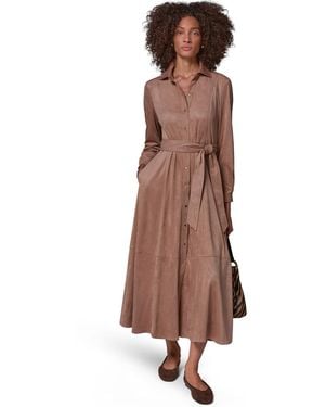 Donna Karan Weekend Microsuede Long-sleeve Collared Midi Duster Coat - Brown