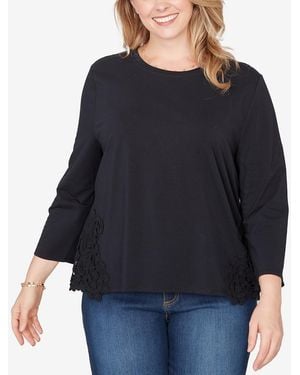 Ruby Rd. Plus Size Crochet Crew Neck Applique Stretch Knit Top - Blue