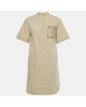 Pre-owned Burberry Beige Cotton Monogram Embroidered Cotton Abbie Mini Dress - Natural