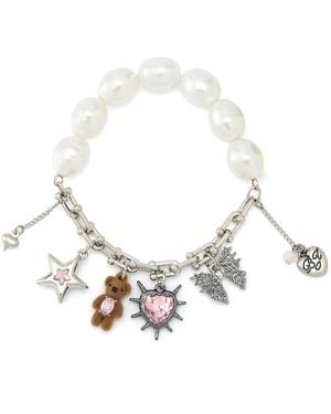 Betsey Johnson Faux Stone Teddy Bead Charm Cultivated Pearl Stretch Bracelet - White