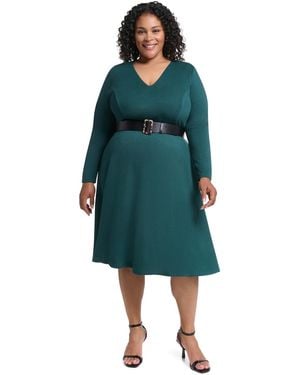DKNY Plus Size V-neck Buckle Belt Midi Dress - Green