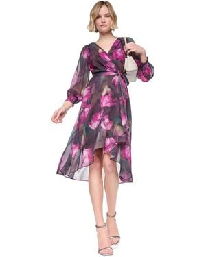 DKNY Petite Long-sleeve Surplice Neck Faux-wrap Dress - Pink