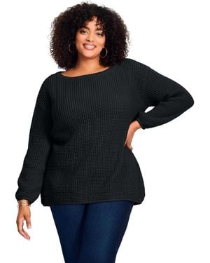 Avenue Plus Size Waffle Stitch Pullover Sweater - Blue