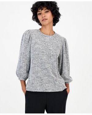 Anne Klein Essentials Petite 3/4-balloon Sleeve Boucle-knit Top - Gray