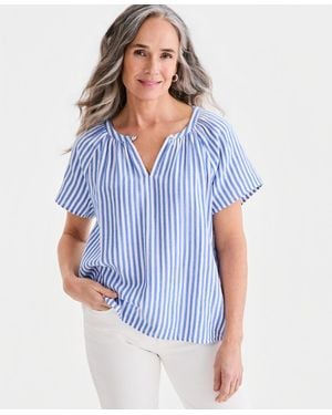 Style & Co. Petite Slit V-neck Raglan Sleeve Cotton Top - Blue