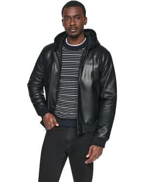 DKNY Hooded Faux Leather Bomber Jacket - Black