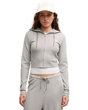 PUMA Ess Full-zip Cropped Ribbed Hoodie - Gray
