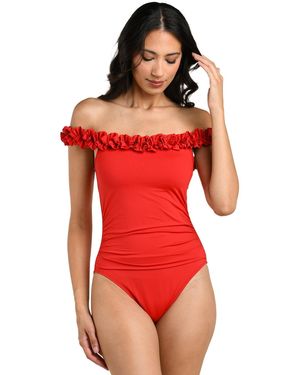 La Blanca Island Goddess Ruffle Off-the-shoulder One-piece Swimsuit - Red