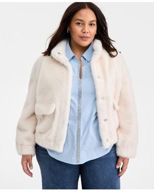 On 34th Trendy Plus Size Solid Faux-fur Bomber Jacket - Blue