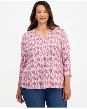 Style & Co. Plus Size Textured Arrow V-neck 3/4-sleeve Cotton-blend Top