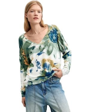 Desigual Floral-print V-neck Long-sleeve Sweater - Blue