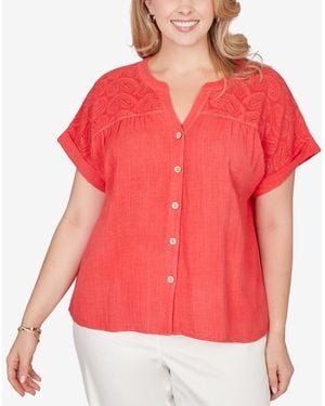 Ruby Rd. Plus Size Paisley Embroide Gauze Button T-shirt - Red