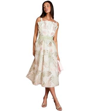Coast Fan Bodice Embroidered Mesh Midi Dress - Natural