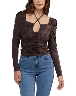 Bebe Puff Sleeve Coated Ruched Top - Black