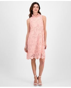 Anne Klein Ruffle-neck Sleeveless Shift Lace Dress - Pink