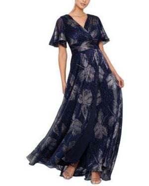 Betsy & Adam Betsy Adam Crinkled Flutter Sleeve Gown - Blue