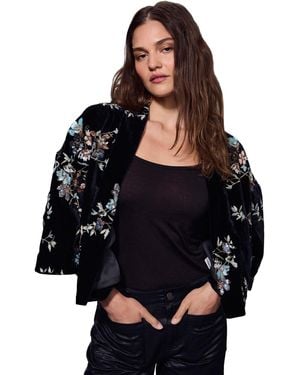Sanctuary Scarlett Cropped Embellished Collarless Velvet Jacket - Black