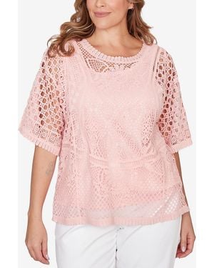 Ruby Rd. Plus Size Chemical Lace Pullover Sweater - Pink