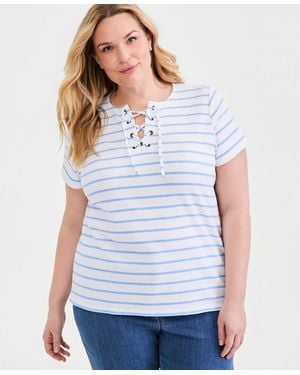 Style & Co. Plus Size Striped Lace-up Short-sleeve Top - White